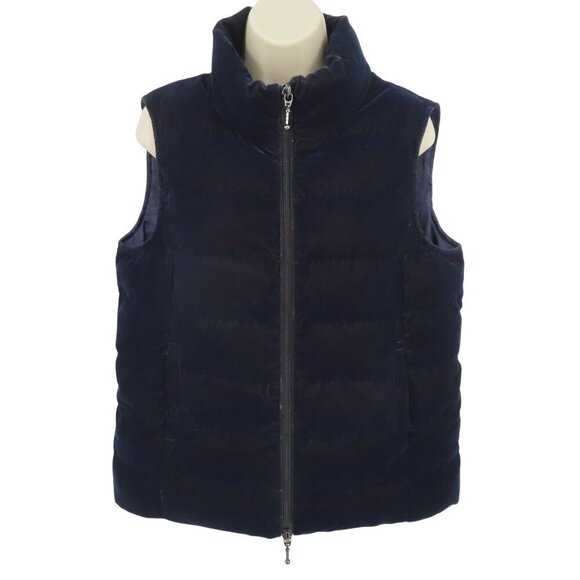 Anorak Womens Small Velvet Down Vest Dark Blue Full Zip Puffer Winter Sleeveless - Picture 1 of 11